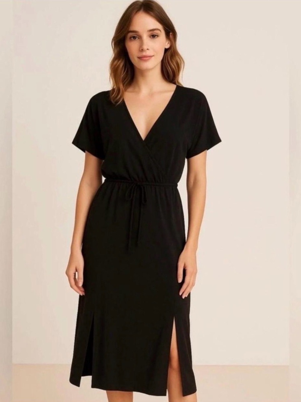 Z Supply Maryn Wrap Midi Dress Black with Waist Tie